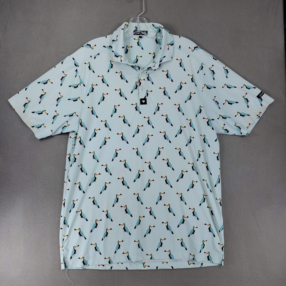 Bad Birdie Polo Shirt Mens L Blue Toucan Print Golf Performance Stretch S/Sleeve